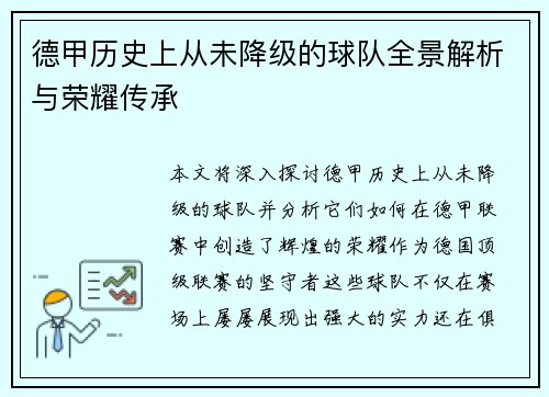 德甲历史上从未降级的球队全景解析与荣耀传承