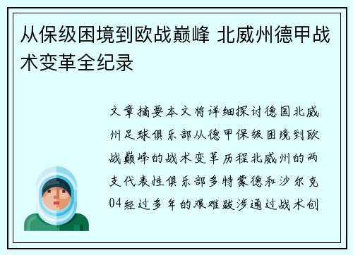 从保级困境到欧战巅峰 北威州德甲战术变革全纪录